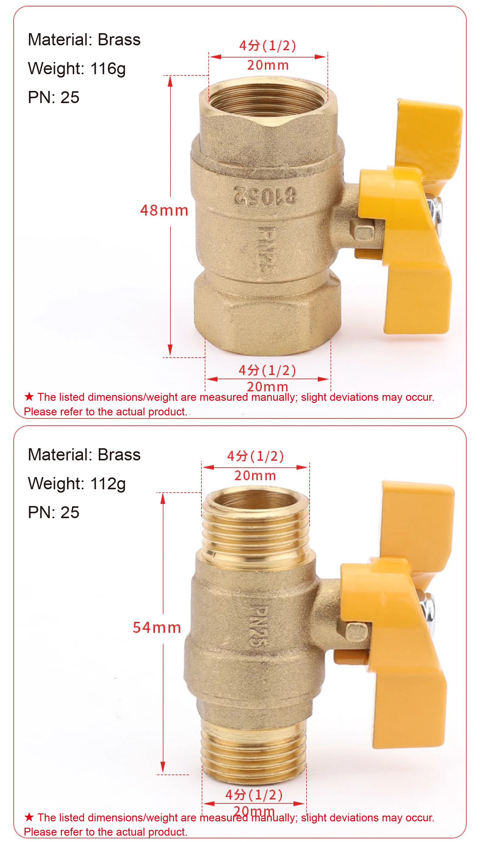 1/4 3/8 1/2 3/4 Inch Brass Ball Valve Female/Male Thread with Butterfly Handle f