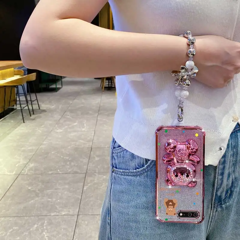 Pearl Glitter Bear Phone Holder Case with Lanyard Strap and Anti-Knock Protection