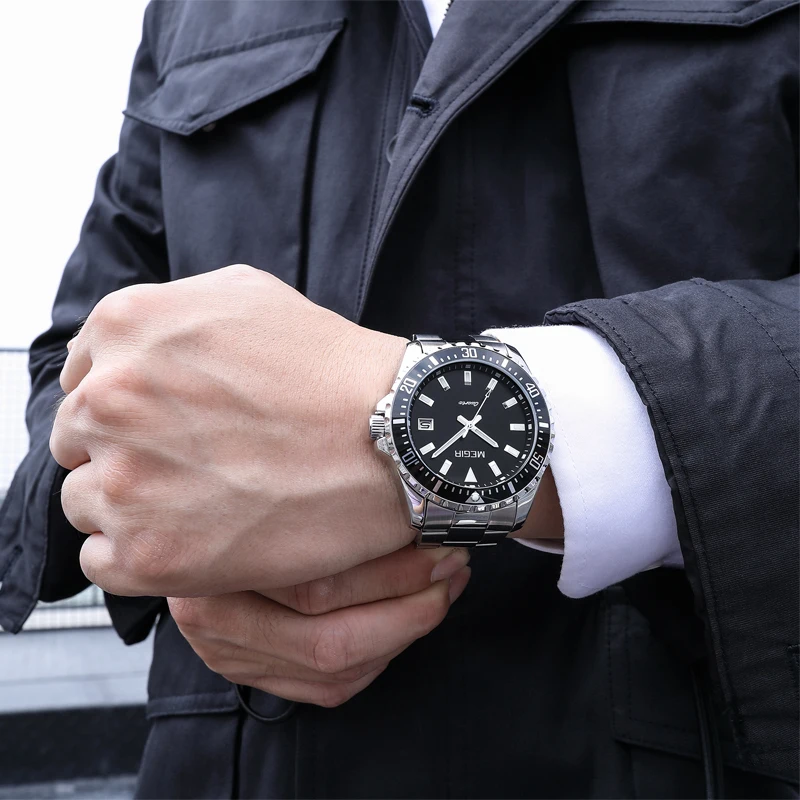 MEGIR New Fashion Quartz Watch for Men Luxury Stainless Steel Waterproof Luminous Calendar Mens Watches Relogio Masculino
