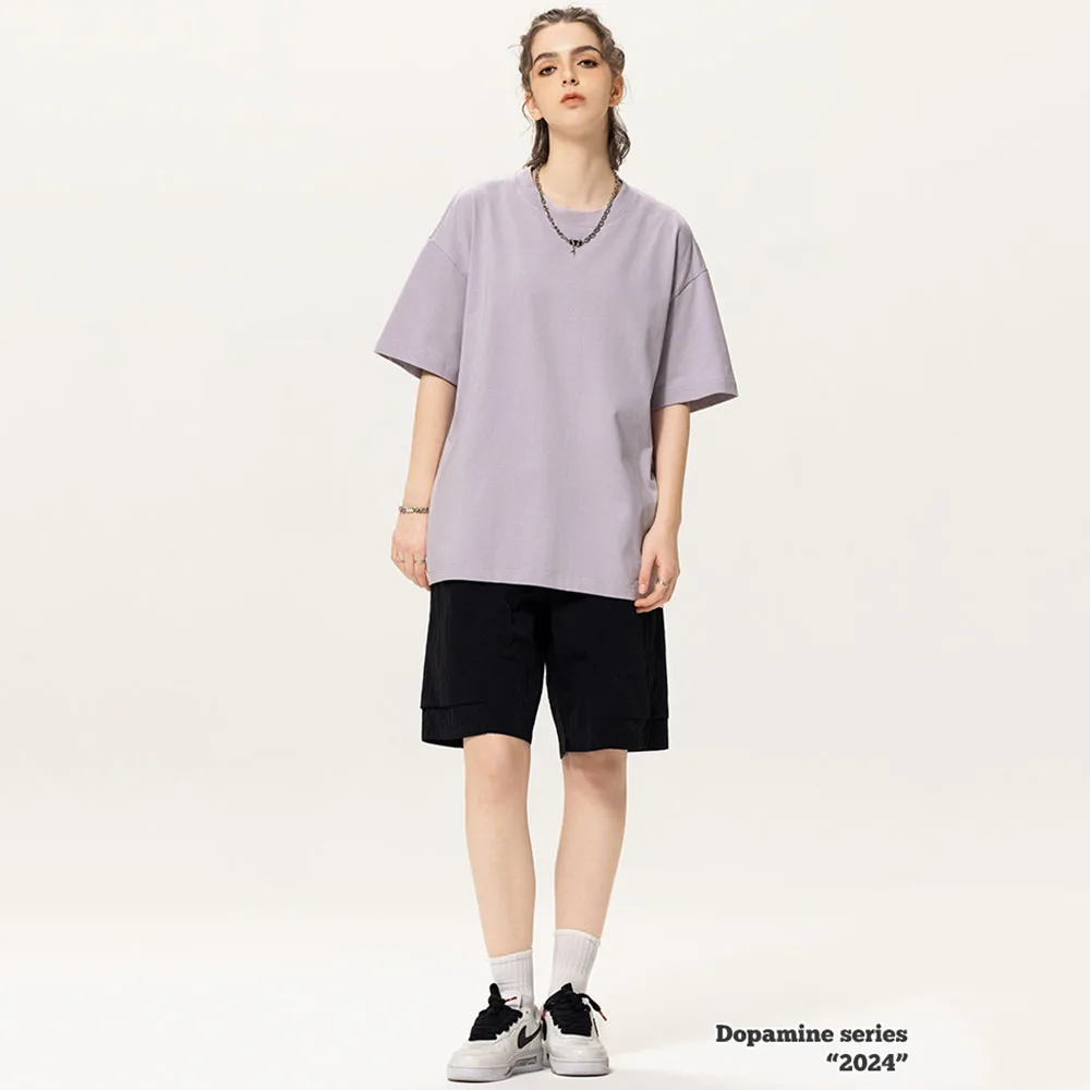

Summer 305G Heavyweight Cotton Short sleeved Top for Men and Women Casual Retro Fashion Brand Solid Color Loose T-shirt