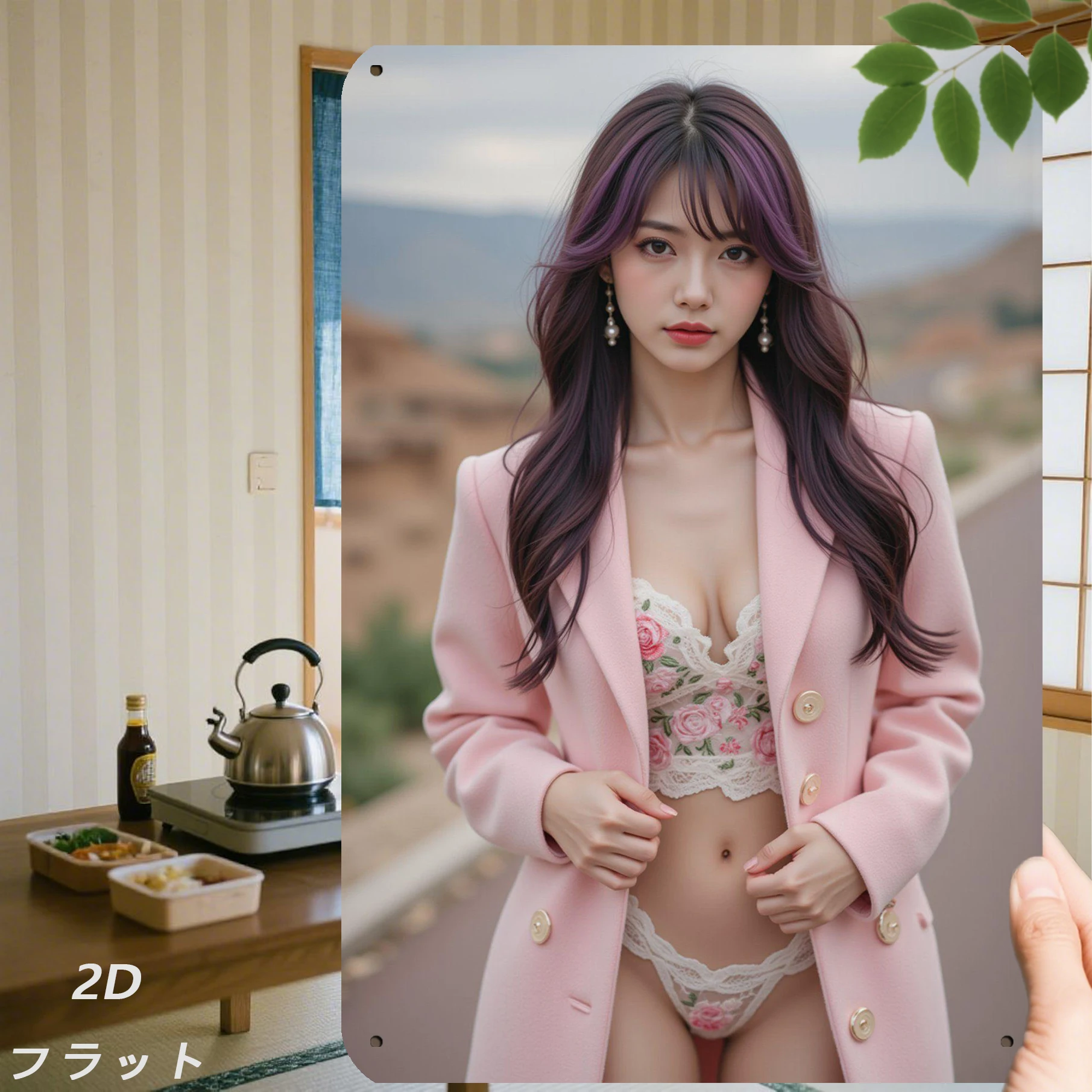 빈티지한 아시아 여성 금속 틴 사인 - 핑크색 오버사이즈 코트와 꽃무늬 레이스를 입은 긴 웨이브 보라색 갈색 머리를 가진 레트로 시크한 소녀