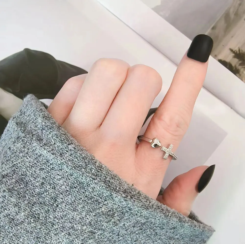 Sterling Silver Crystal Cross Heart Ring 5