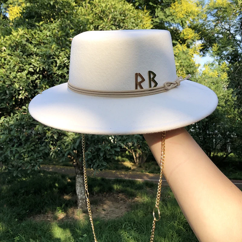 

New Design Brand Women Wool Fedora Hat With Metal Chain Ladies White Wedding Hats Black Warm Autumn Winter Hats