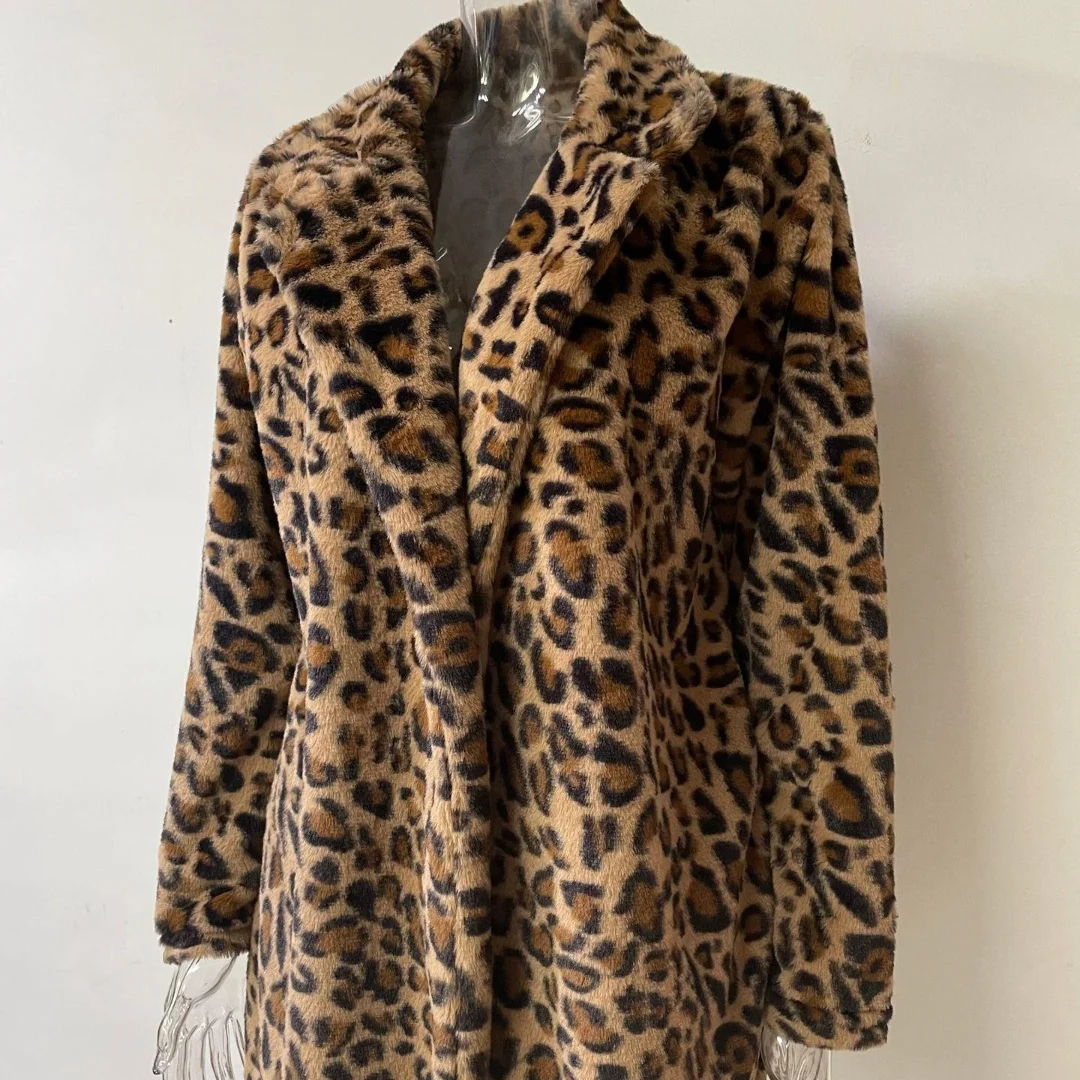 Women Autumn Winter Leopard Print Faux Fur Coat Long Sleeve Turn-down Collar New Fashion Outerwear Pocket Loose Thicken Overcoat 6