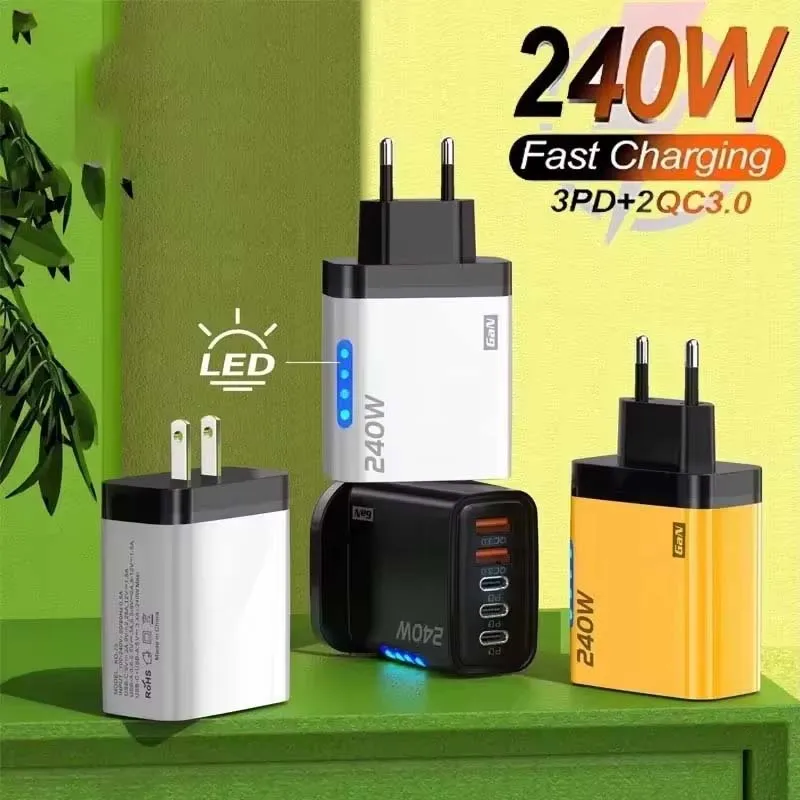 2026 240W 2USB+3 Type-C Charger Dual Type-C Smart Fast Charging EU US Plug LED Light Desktop Power Adapter For Samsung Huawei_voghion.com