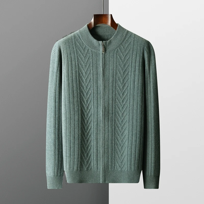 

Zipper cardigan men's sweater 100% wool soft and warm best selling long sleeve business casual solid color cashmere sweater top.