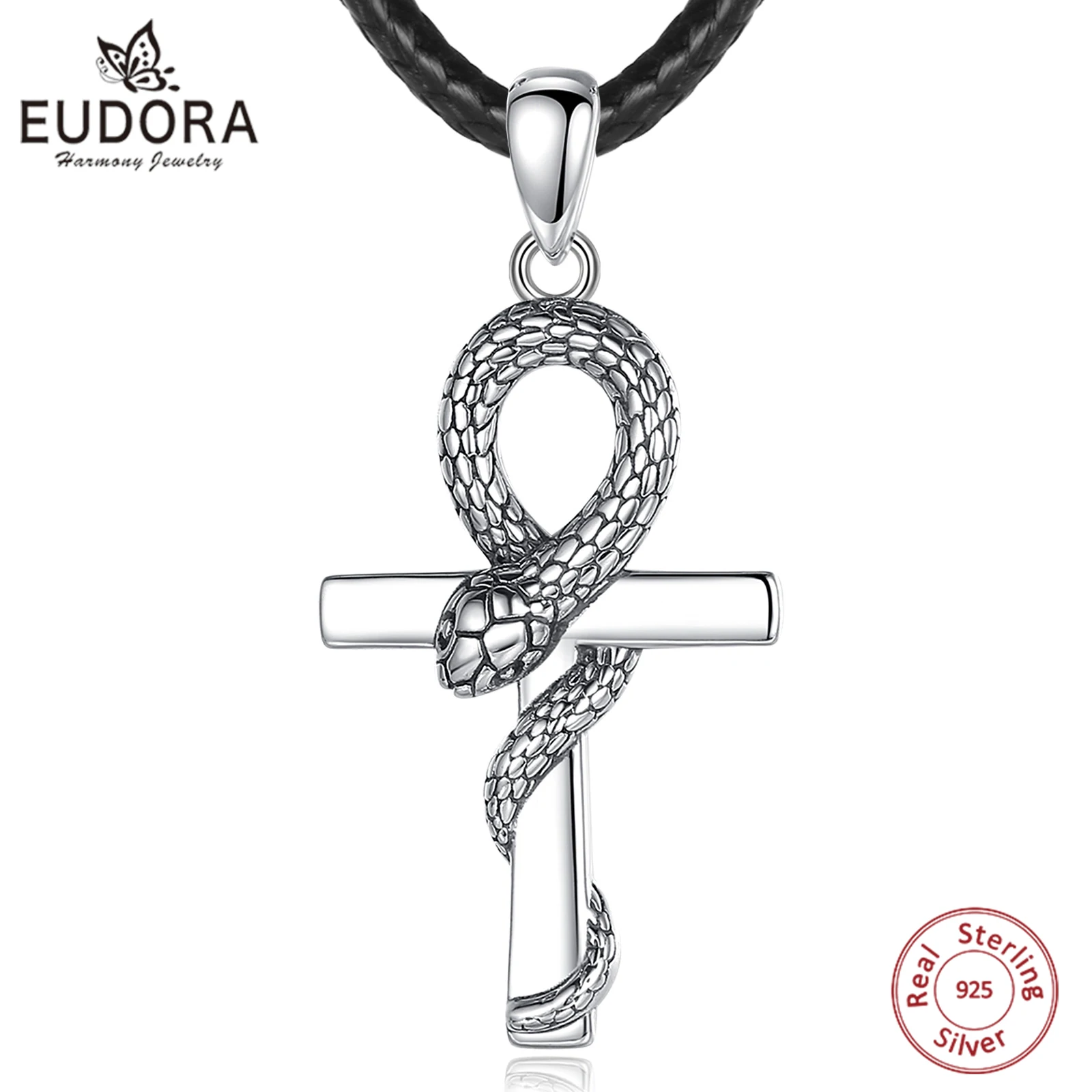 

Eudora 925 Sterling Silver Ancient Egyptian Ankh Cross Necklace for Women Man Fine Snake Amulet Pendant Personality Jewelry Gift