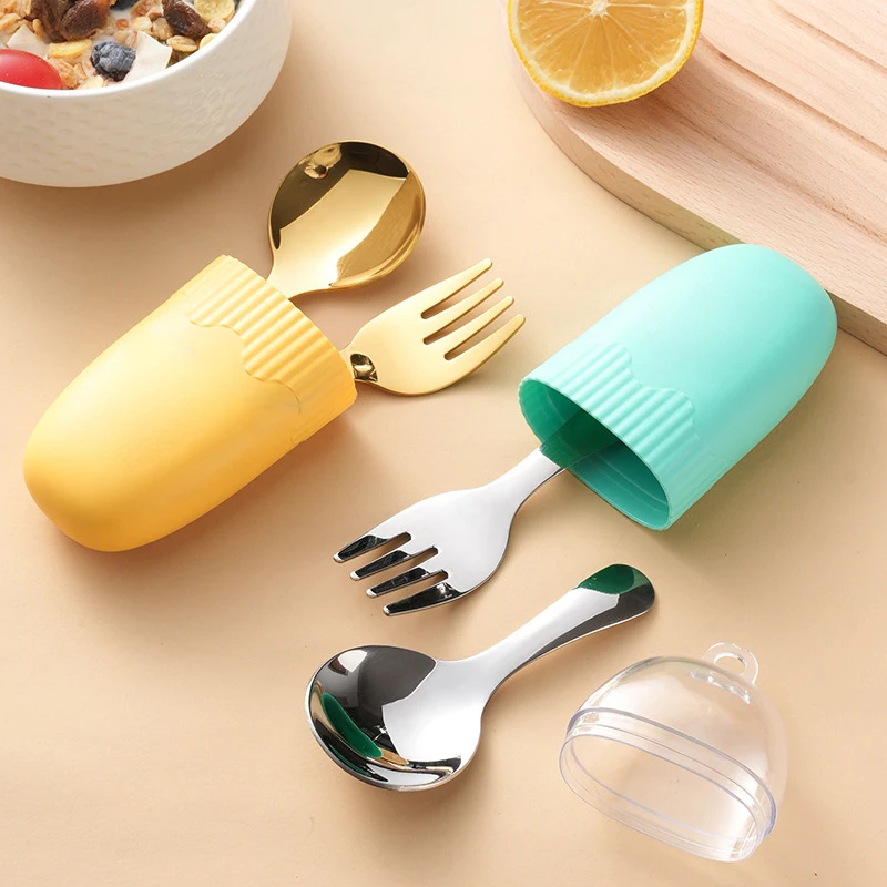 2PC Kiddie Stainless Steel Spoon Fork Box, Portable Mealtime Utensils Babies