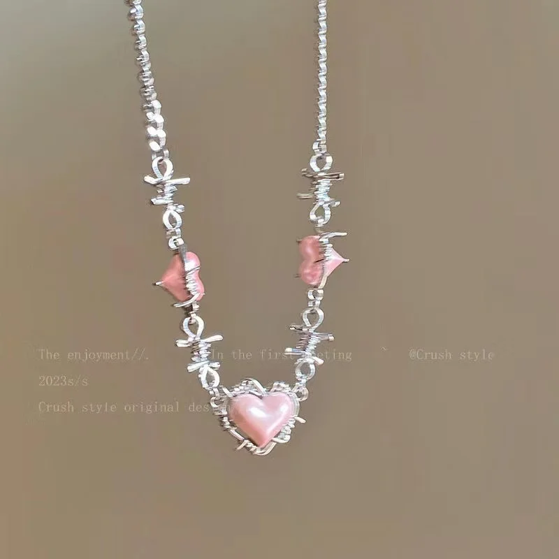 Y2k Pink Thorns Love Heart Necklace for Women 2023 Korean