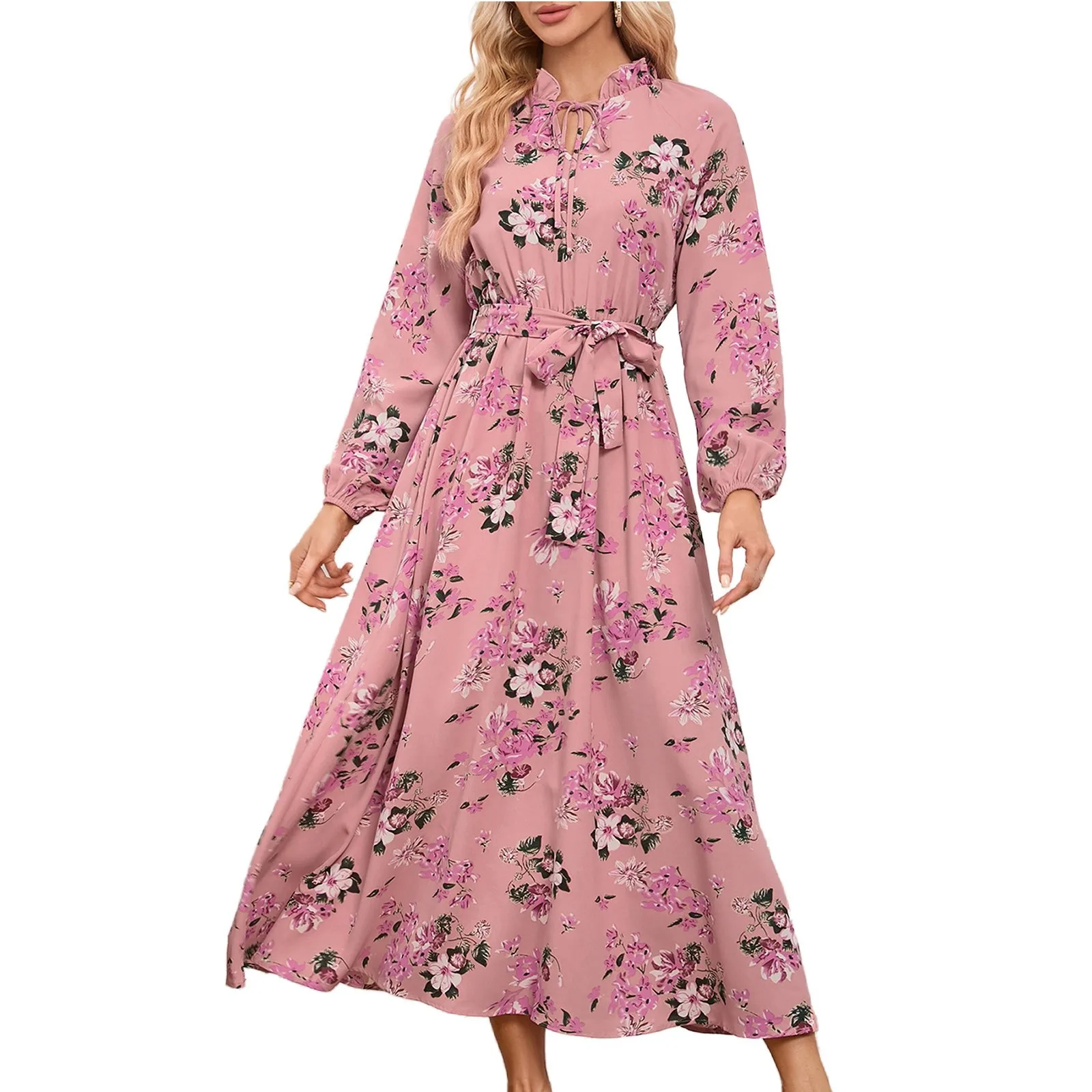 

Women's Casual Fashion Slim Fit Temperament Sleeve Stand Up Lace Floral Skirt Medium Length Dress Dinner Dress for Women