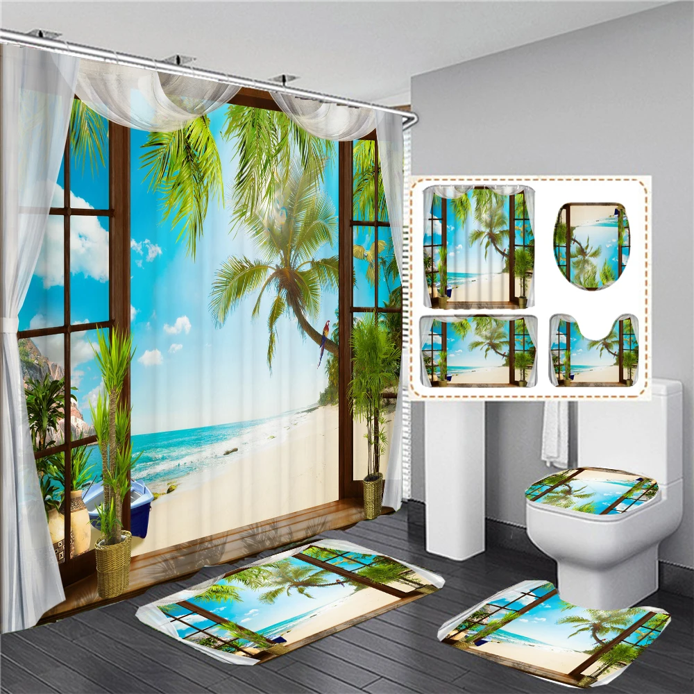 

3D Beach Scenery Shower Curtain Set Seascape Waterproof Bathroom Curtains Decor Toilet Cover Bath Mat Non-slip Carpet Rugs