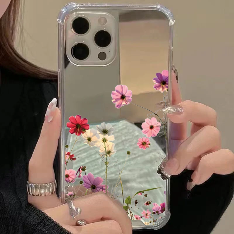 Chic Floral Mirror Shockproof Soft Phone Case with Makeup Feature