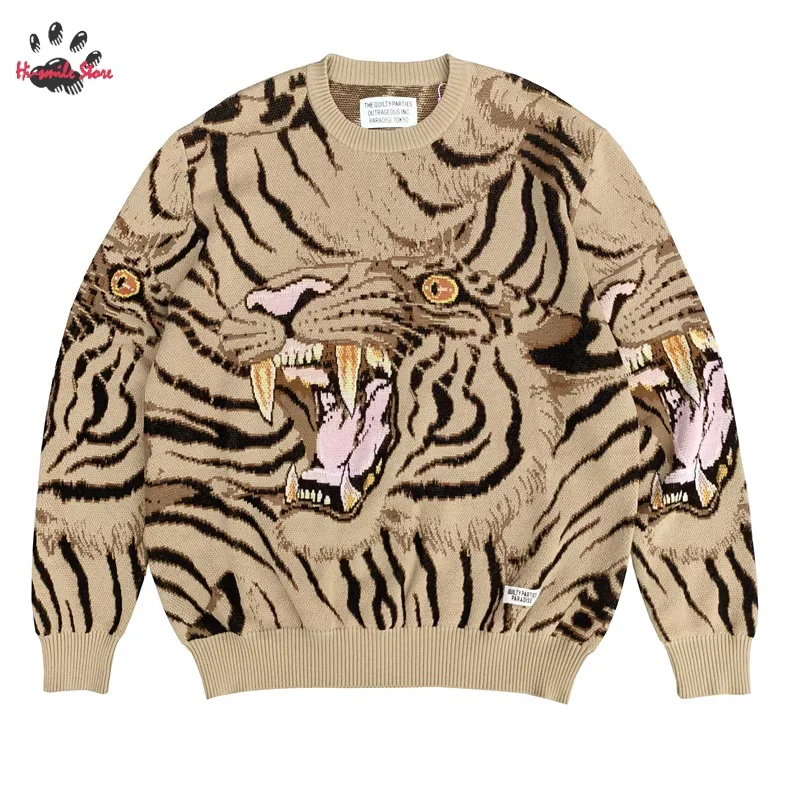 White Khaki Blue WACKO MARIA Sweatshirts Men Woman 1:1 High Street Round Neck Knit Sweater Tiger Jacquard 2024fw New