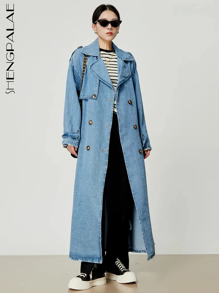

SHENGPALAE Fashion Women's Denim Trench Lapel Double Breasted Straight Loose Coat Autumn 2024 New Temperament Windbreaker 5R6172