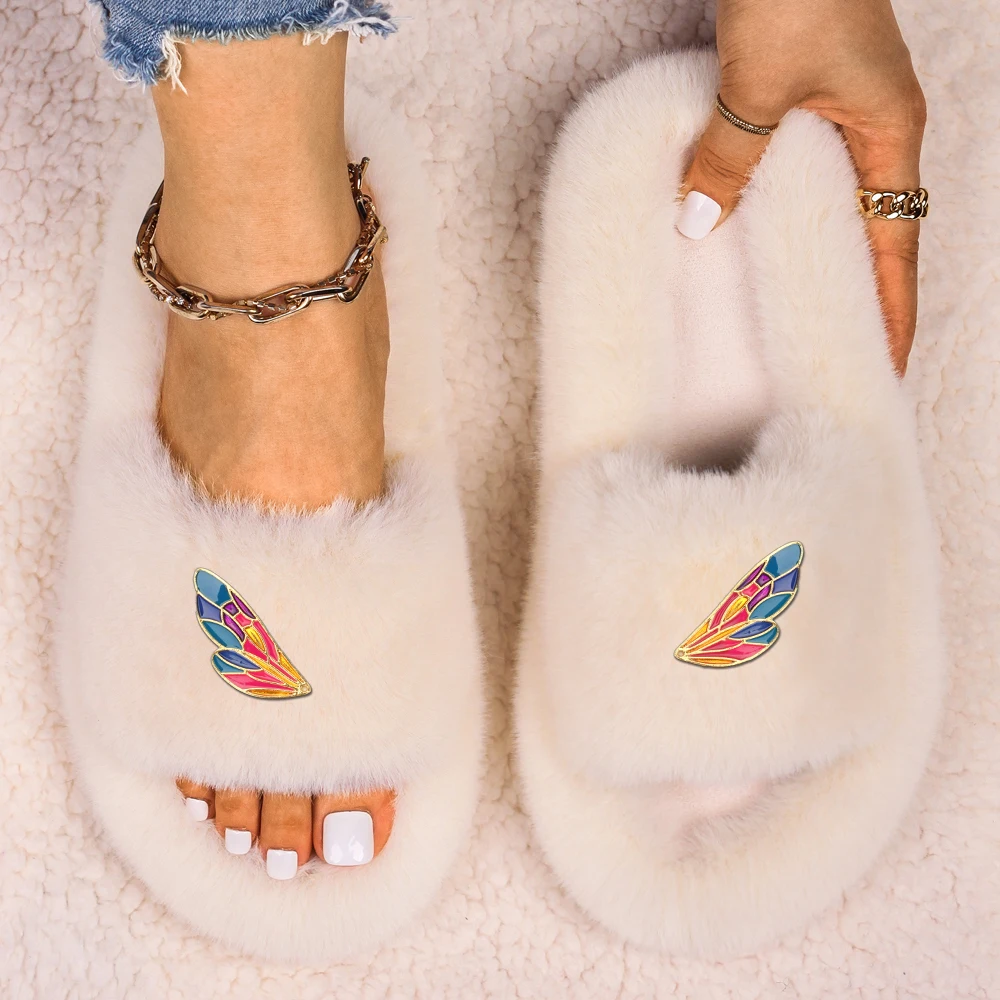 Slippers Women Fluffy Slides Colorful Wings Decor Luxury Designer Sandals Ladies Faux Fur Flip Flops Flat Slippers Furry Shoes