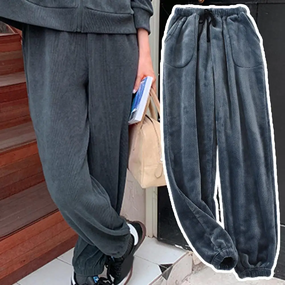

Men Pajama Pants Straight Solid Color Fleece Trousers Thicken Cold-proof Drawstring Pockets Men Trousers Homewear Clothes