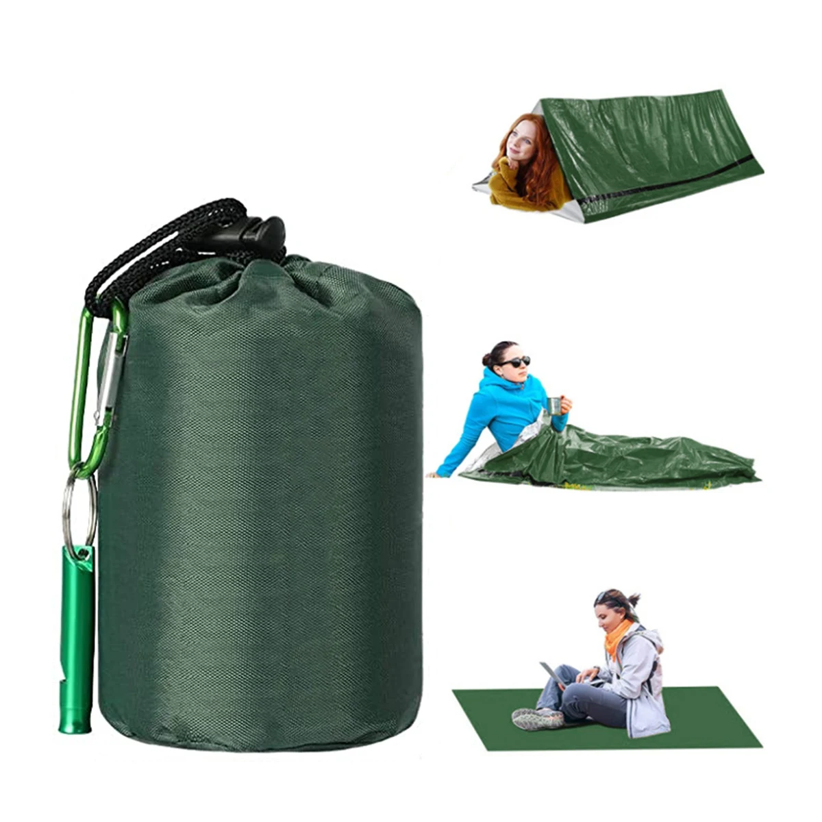 WIYETY Saco Dormir Emergencia 3P – Supervivencia Con Silbato, Manta Impermeable, Ligero (Verde)