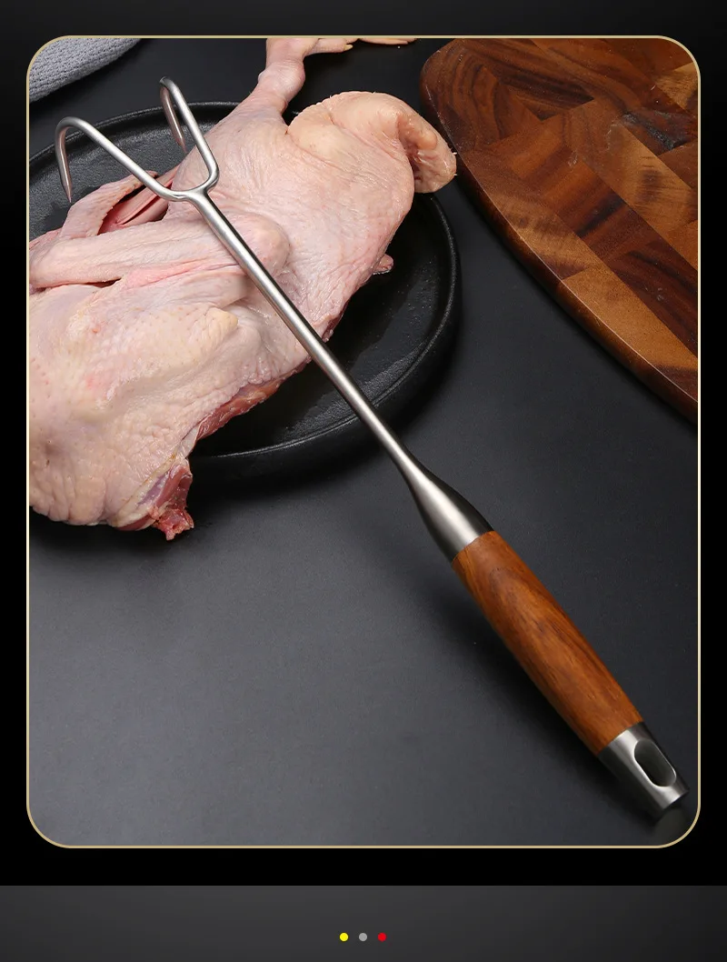 Description Picture 4 of itemFishing Meat Hook Stainless Steel Material Pear Wood Handle Hook Roast Bacon Roast Duck Marinated Meat Double Hook Meat Fork