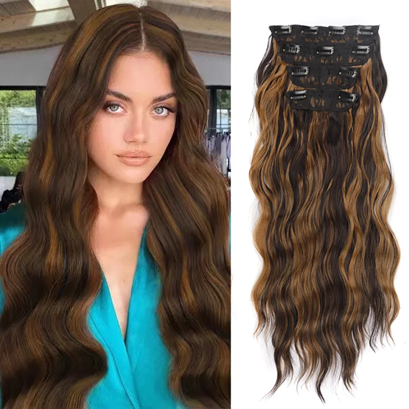 

4Pcs/set Clips In Hair Hairpieces 18 Inch Water Wavy Long Synthetic Heat Resistant Hair Extensions Bundles Weft Hair for Women