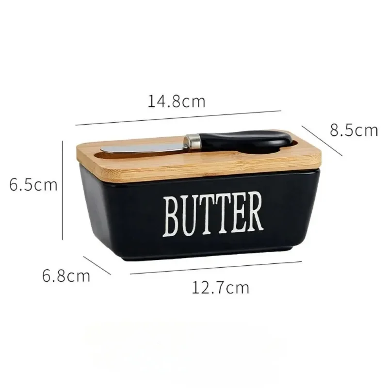 Ceramic Butter & Cheese Storage Box with Bamboo Lid Built-in Knife & Butter Slicer Kitchen Restaurant Storage Container