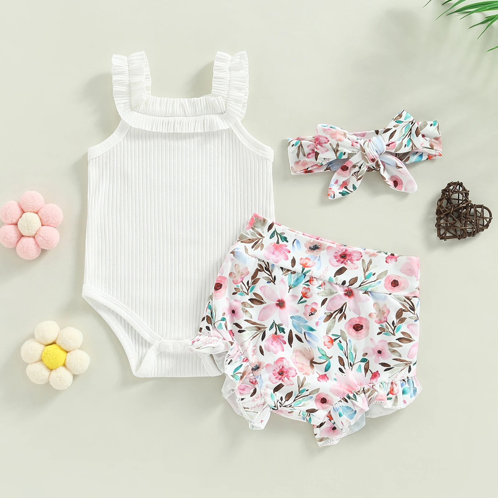 Infant Newborn Baby Girls Shorts Set, Sleeveless Romper + Flower/Rainbow/Butterfly Print Shorts + Hairband 3Pcs Set 0-18M 5