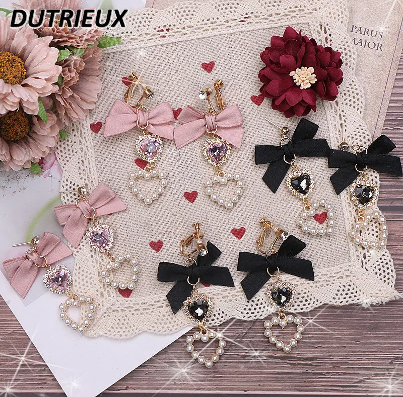

Young Girl Accessories for Women Japanese Style Sweet Cute Earrings Bow for Cute Girl Hot Rhinestone Pearl Women's Earrings