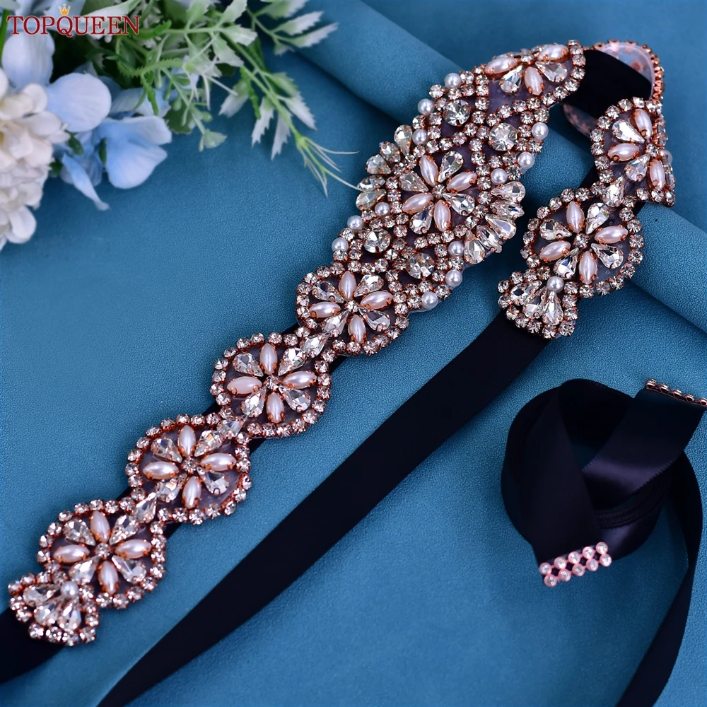 TOPQUEEN S161-RG Bridal Wedding Belts Bride for Women Shiny Rose Gold Rhinestone Formal Prom Party Dress Decoration Ribbon Sash