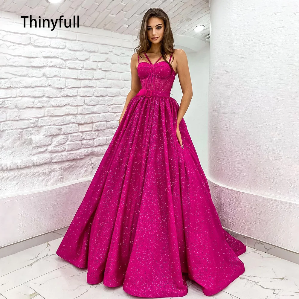 

Thinyfull Sparkly Hot Pink Prom Party Dresses A Line Sweetheart Princess Evening Prom Gowns with Belt Long Celebrate Dresses