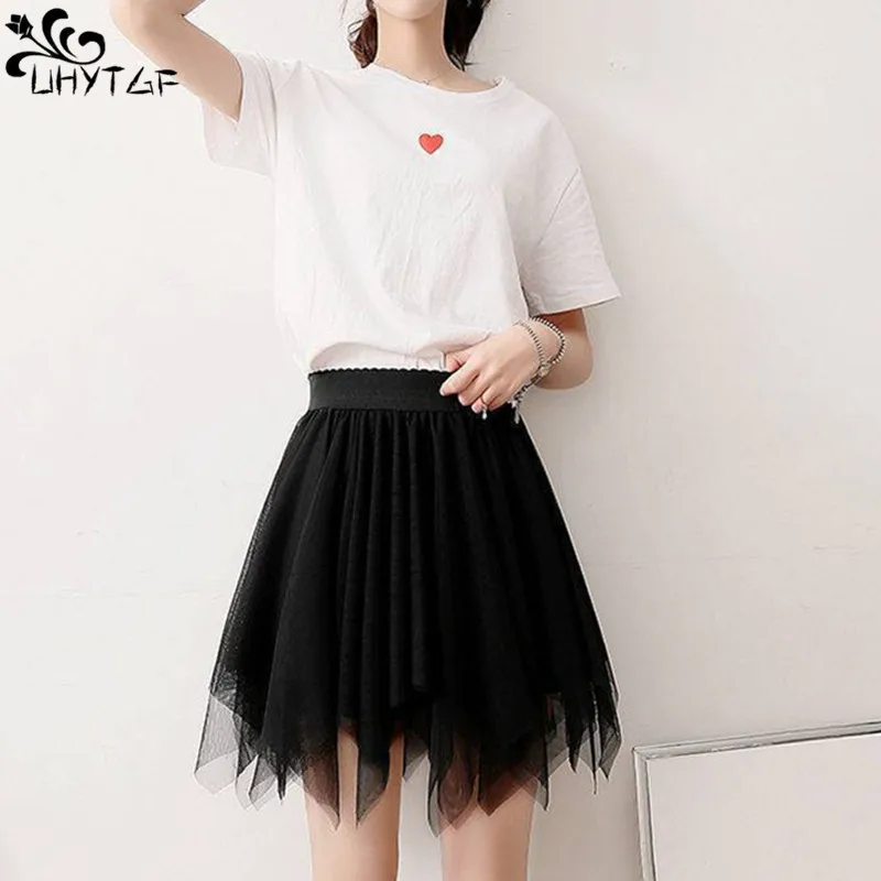 

UHYTGF Mini Gauze Skirt Women's Summer Korean Irregular Gauze Elastic Waist High Waist Shaggy Skirt Fairy Ladies Mini Skirt 231