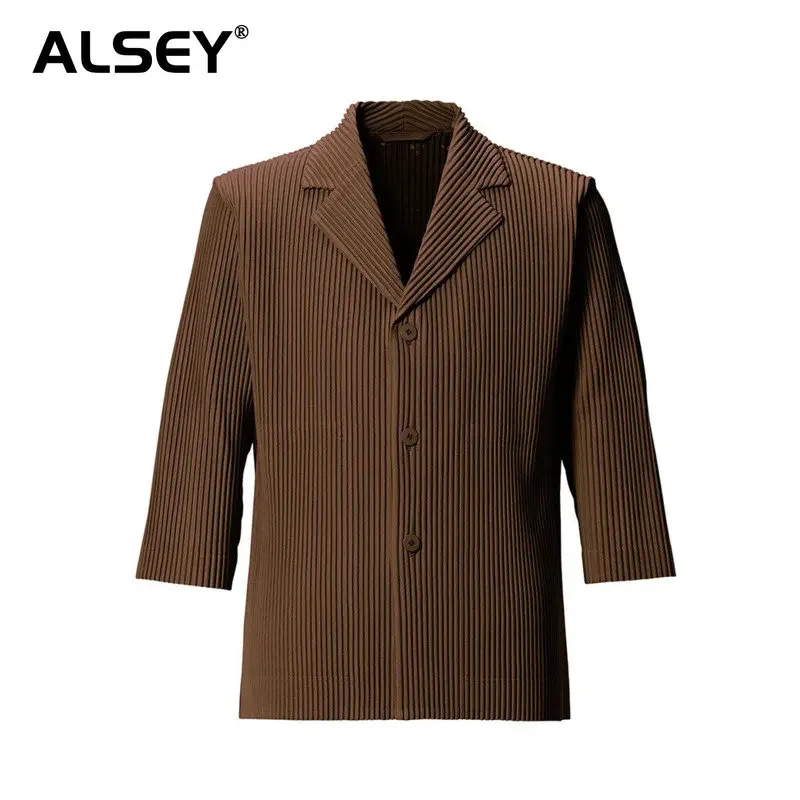 

ALSEY Miyake Spring Men's Pleated Suit Jacket Business Casual Solid Color Lapel Three-quarter Sleeve Cardigan Male New Fashion