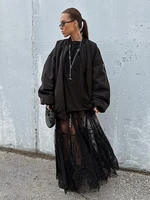 2024 Summer Autumn Women Sexy Lace Skirts Solid High Waist Flare Long Maxi Skirt For Women - Image 3