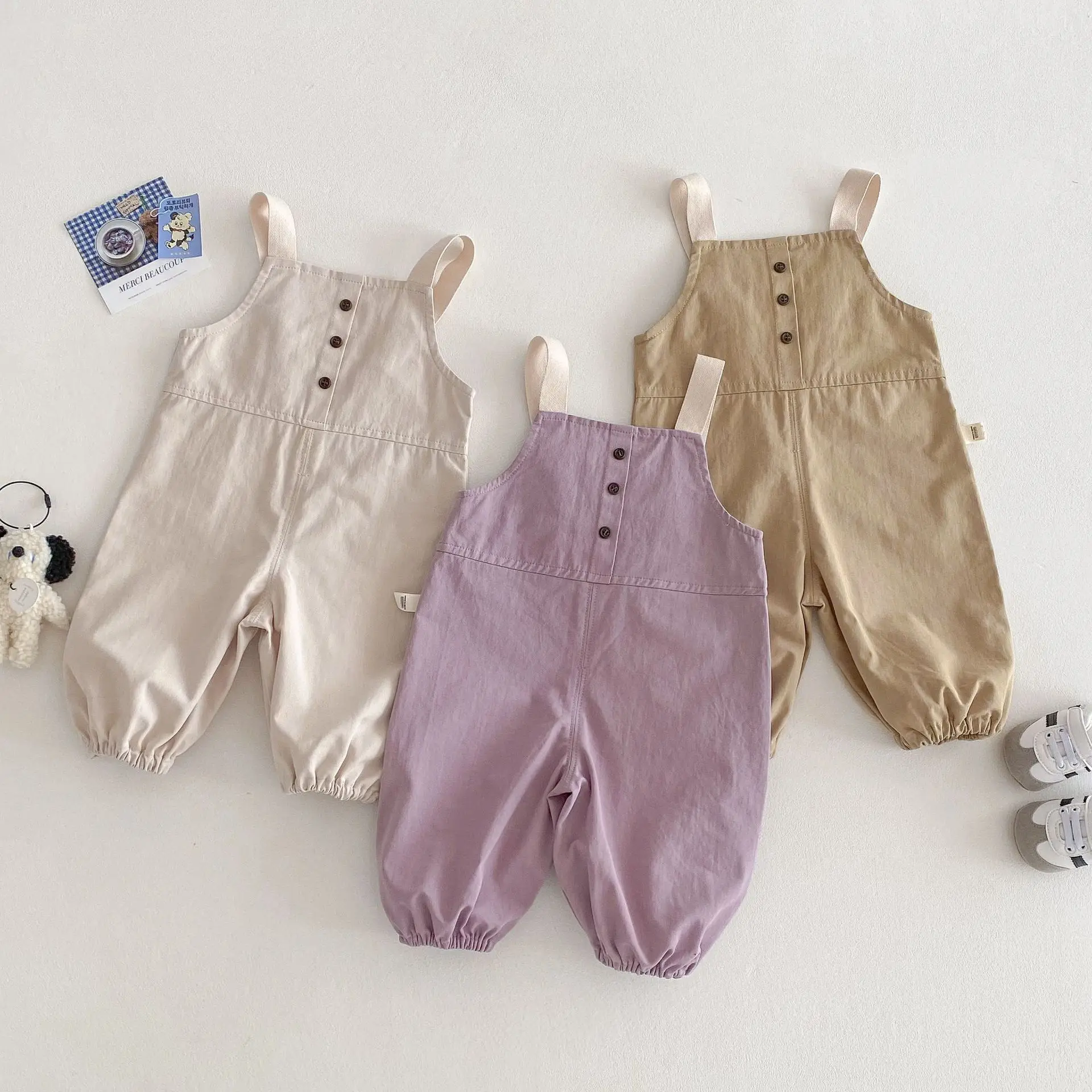 2025 New Kids Overalls 0-5Years Childrn Boy Girl Solid Color Pocket Jumpsuit Cargo Suspender Pant Fashion Bottom Spring Clothes