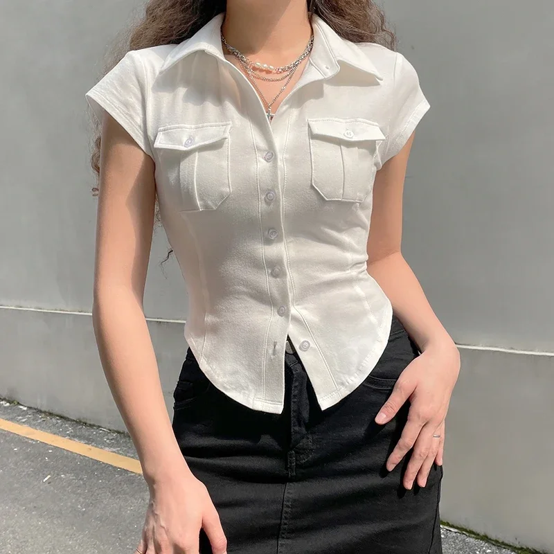 Description Picture 3 of itemKorean Style Turn-down Collar Crop Tops For Women 2025 Summer Slim White T Shirts Woman Buttons Tees Short Sleeve Tshirt Mujer