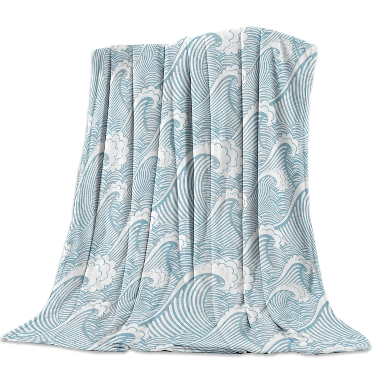 Japanese Sea Wave Printed Soft Fleece Blankets Warm Sofa Bed Sheets