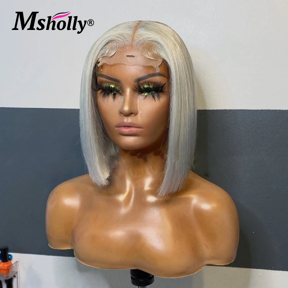 

Pre Plucked Short Bob 13x4 Lace Front Remy Wig Silver Colored Transparent Lace Human Hair Wig Brazilian Guleless 14 Inches Wig