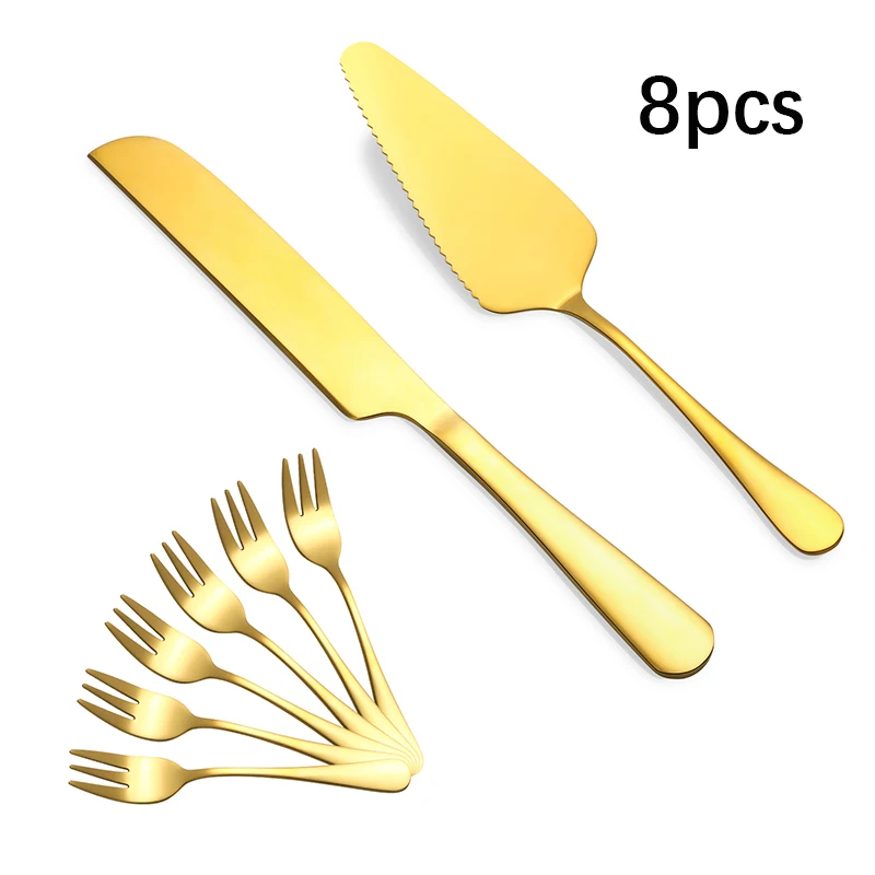 Gold stainless steel dessert tableware set pizza bread cake knife spatula cake dessert fork fruit fork 8pcs home kitchen dinnerware set