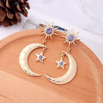 New Fashion Sun Star Moon Drop Earrings Women Purple Cubic Zircon Dance Bohemia Handmade Crystal Moon Star Drop Dangle Earring
