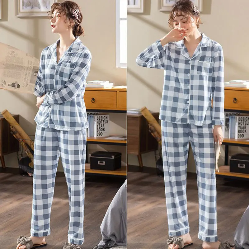 Spring Autumn Women's Thin Plaid Pajamas Flip Collar Long Sleeve Cardigan Pants Oversized Loose Casual Home Clothing Set