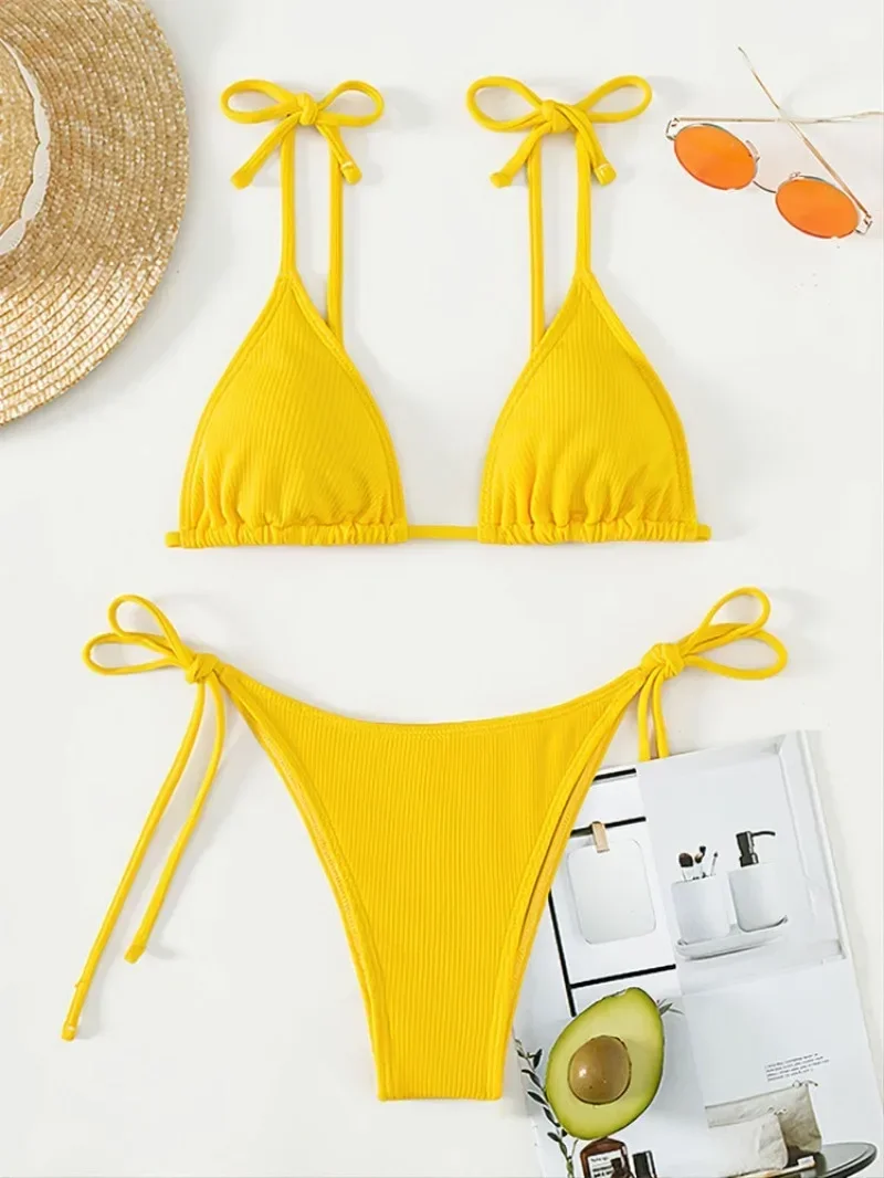 Sexy Yellow Solid Micro Bikinis Sets Triangle Cup Thong Swimsuit Women Bikinis Swimsuits Beachwear Bathing Suits Swimwear Bakini 1