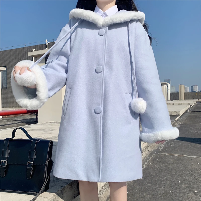 

Preppy Japanese Winter Sweet Coat Kawaii Sailor Collar Bow Hairball Ruffles Cute Full Sleeve Single-breasted Wool Outerwear 2022