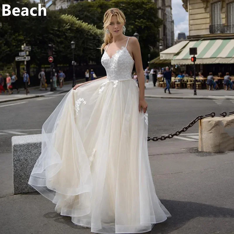 

Beach Lace Champage Wedding Dresses Spaghetti Straps Boho Tulle Bride dresses Vestidos De Novia Vintage Wedding Gown Custom Mad