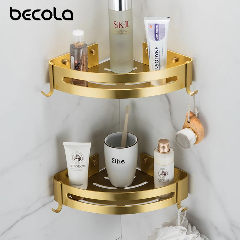 

Gold Corner Shelf Bathroom Storage Shelves Aluminum Triangle Towel Storage Wall-Free Punching Shower Rack Bathroom Accessories