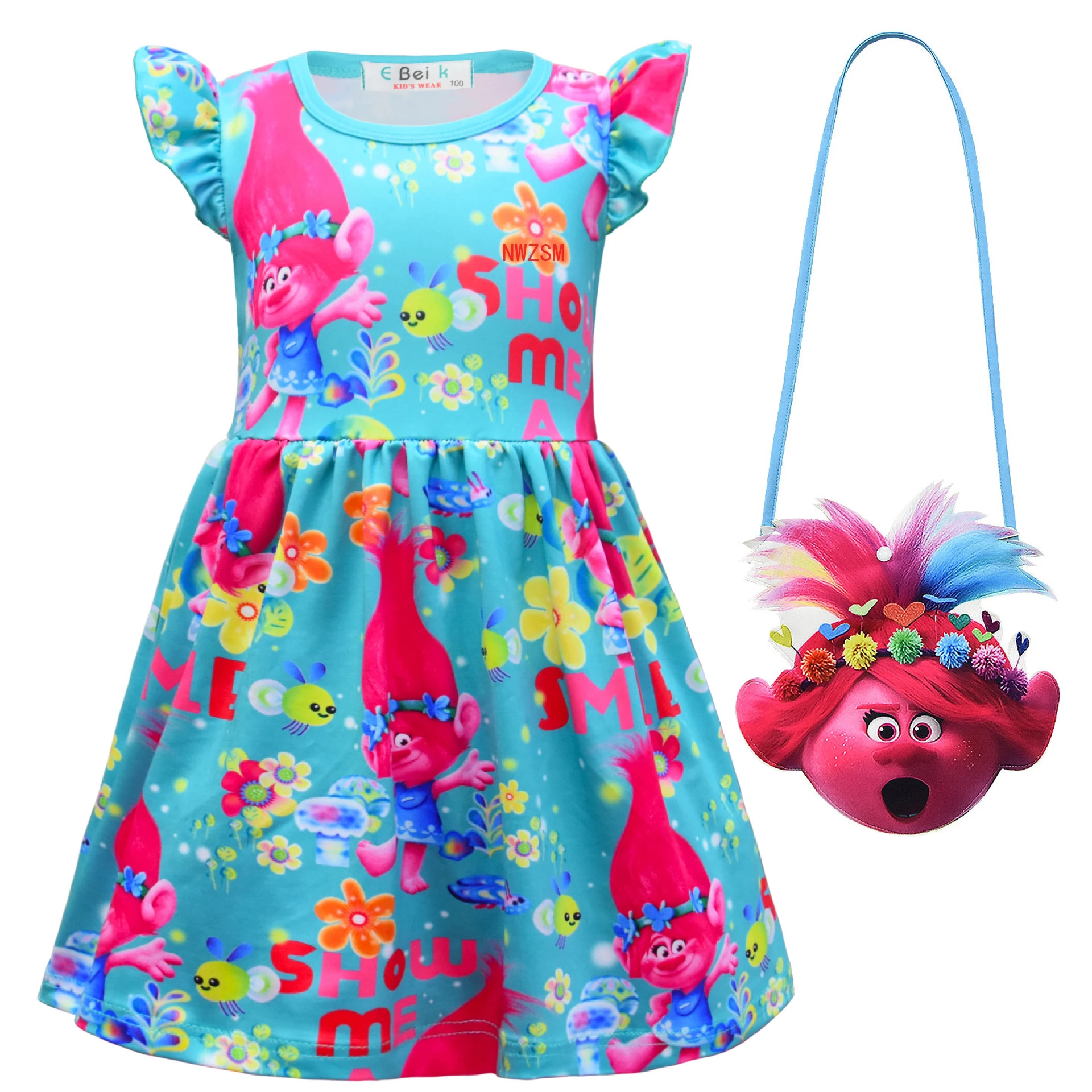 thumbnail image 5 of Vestido de Trolls para niñas, ropa de verano con dibujos animados para niños, vestidos de princesa con mangas con volantes de seda color leche, ropa floral de cumpleaños, 5 of 5