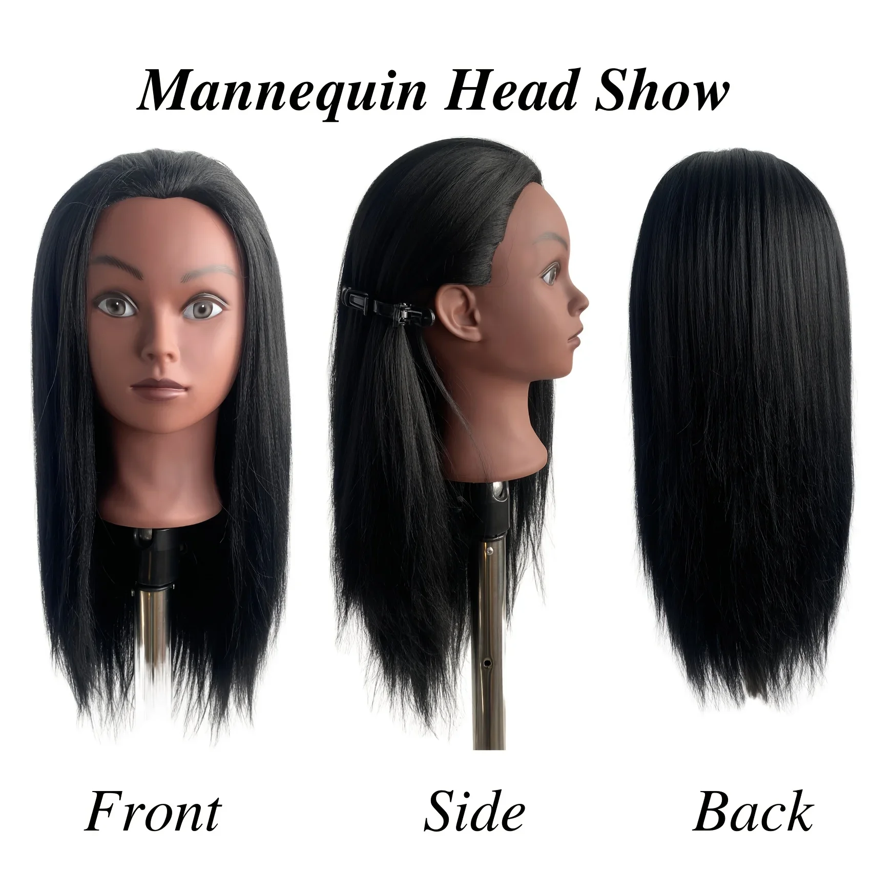 16-Inch Black Mannequin Head with Synthetic Hair for Braiding Practice Mannequin Head with Stand for Hairstyling