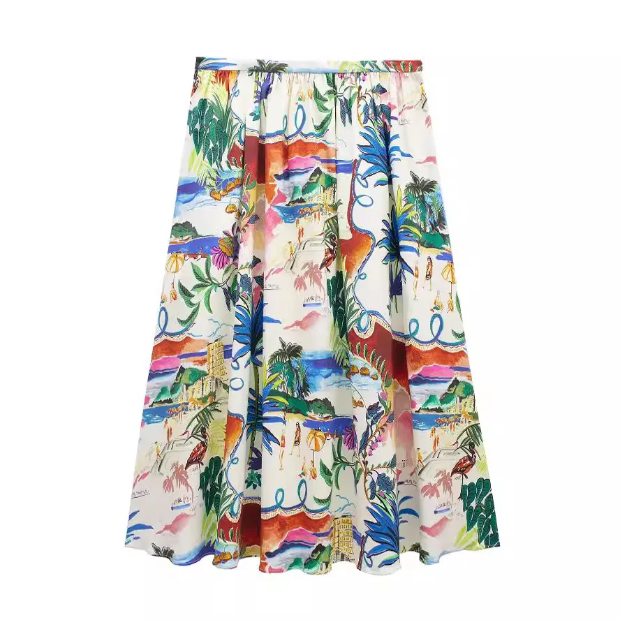 Retro print suit beach vacation loose shirt A-line pleated long dress women's casual 2-piece suit 2024 women's spring and summer