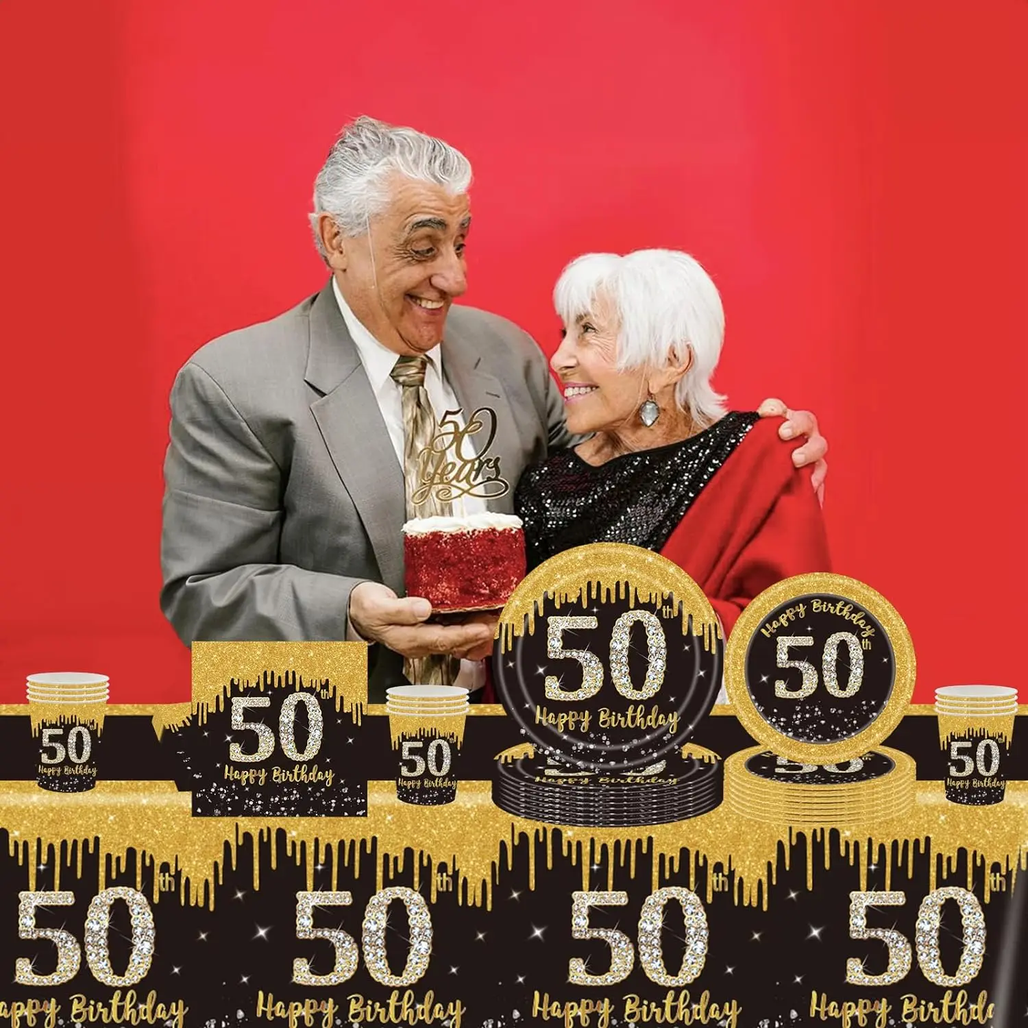 블랙 골드 해피 50 번째 생일 테이블 천 커버, 직사각형 플라스틱 식탁보, 파티 장식, 남녀공용, 137x274cm