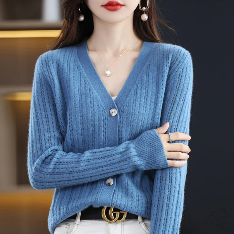 

Autumn Winter New Pure Wool Women's Cardigan Round Neck Hollowed-Out Versatile Cashmere Korean Version Loose Sweater Jacquard To