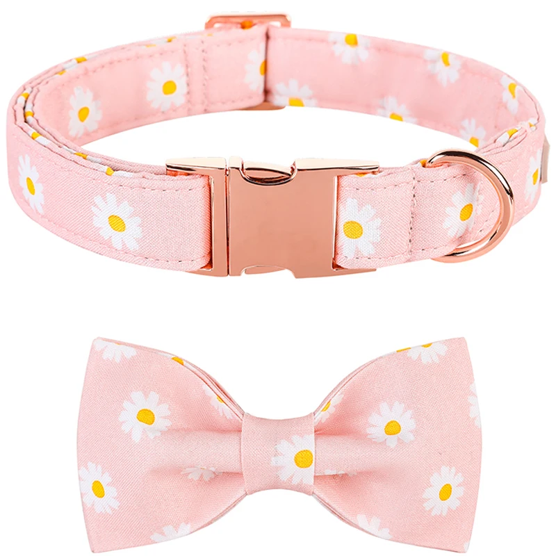 Personalized Pink Summer Dog Collar with Bowtie Daisy Dog Collar Pet Dog Collar for Large Medium Small Dog