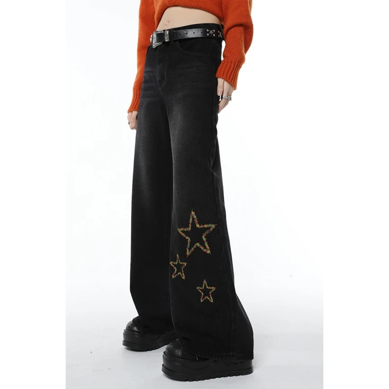 

American Vintage Black Straight Jeans Pants Women Stars Pattern High Waist Wide Leg Baggy Y2K Denim Trouser Female Clothes