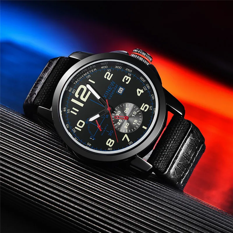 Men Big Brand XINEW Watches Fashion Nylon Band Simple Military Sports Date Quartz Vintage Watch Black Relogios Masculinos 2024